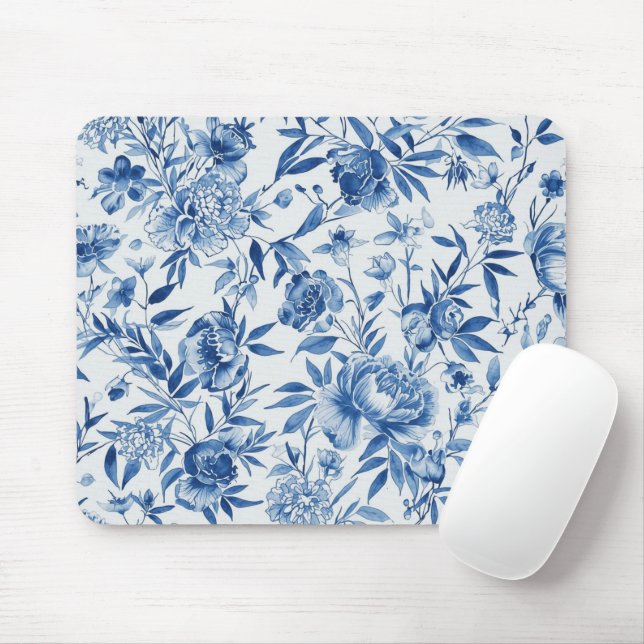 Blaue Chinoiserie-Aquarell-Blumen-Botanik Mousepad (Mit Mouse)
