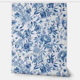 Blaue Chinoiserie-Aquarell-Blumen-Botanik Tapete