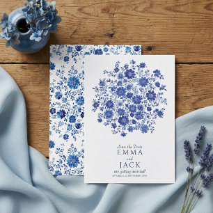 Blaue Chinoiserie-Aquarell-Blumen-Save-the-Date-Ka Save The Date