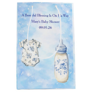 Blaue Chinoiserie-Babyshower-Geschenktüten Mittlere Geschenktüte