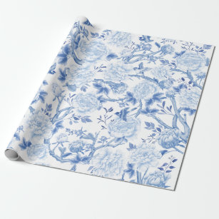 Blaue Chinoiserie Blume Vögel Porzellan Geschenkpapier