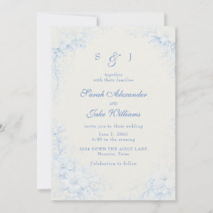 Blaue Chinoiserie Blumen Creme Hochzeit Einladung