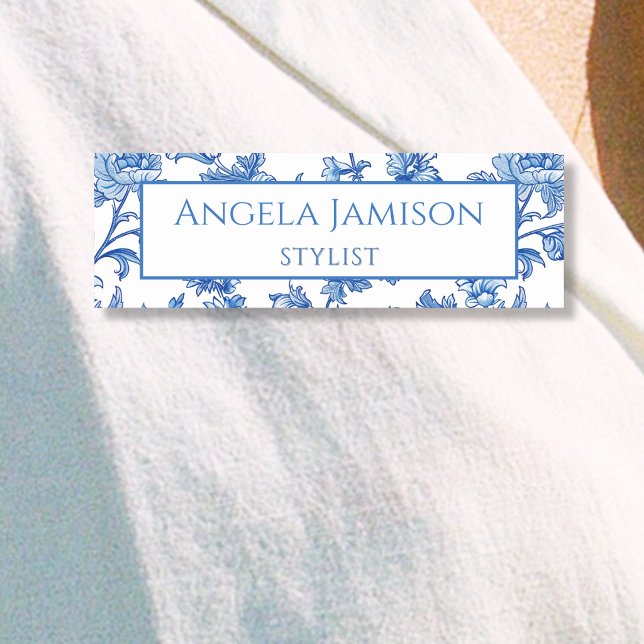 Blaue Chinoiserie-Blumen-Name-Tag Namensschild (Von Creator hochgeladen)