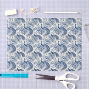 Blaue Chinoiserie Blumen Pfauen Decoupage Seidenpapier