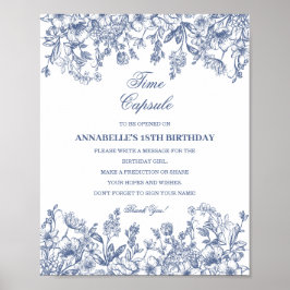 Blaue Chinoiserie-Blumen-Zeitkapsel-Baby-Geburtsta Poster