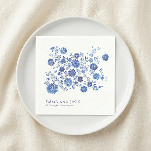 Blaue Chinoiserie Blumenschrift Hochzeit Namen und Serviette