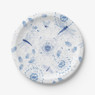 Blaue Chinoiserie Libelle Blumen Pappteller