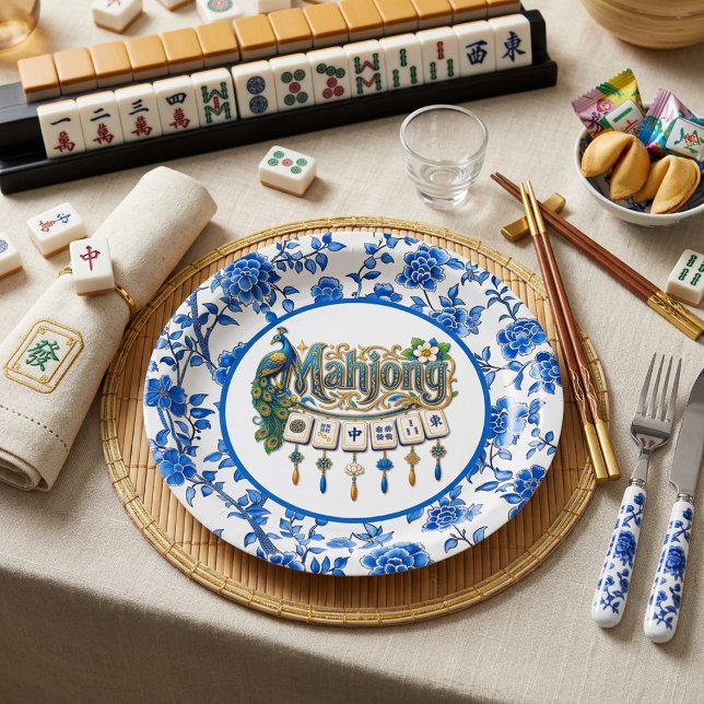 Blaue Chinoiserie Mahjong  Pappteller (Von Creator hochgeladen)