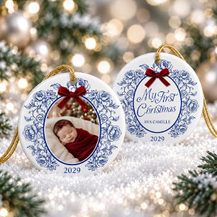 Blaue Chinoiserie Mein erstes Weihnachten Foto-Orn Keramik Ornament