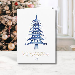 Blaue Chinoiserie-Pagode-Christmas-Tree Karte
