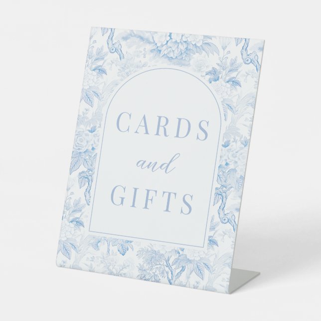 Blaue Chinoiserie Porzellan Hochzeitskarten und Ge Sockelschild (Vorderseite)