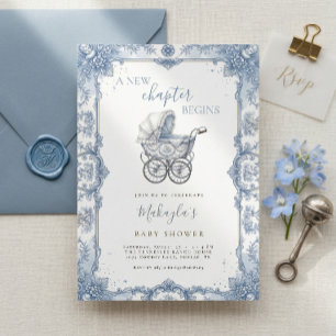 Blaue Chinoiserie Toile Babykutsche Babyparty Einladung