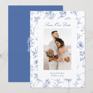 Blaue Chinoiserie-Toile-Blumen Foto Save The Date