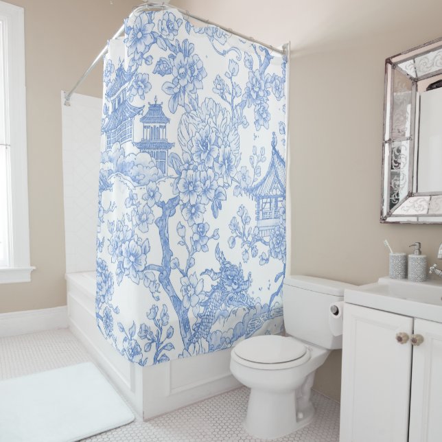 Blaue Chinoiserie-Toile-Drache-Kirschblüte Duschvorhang (Beispiel)