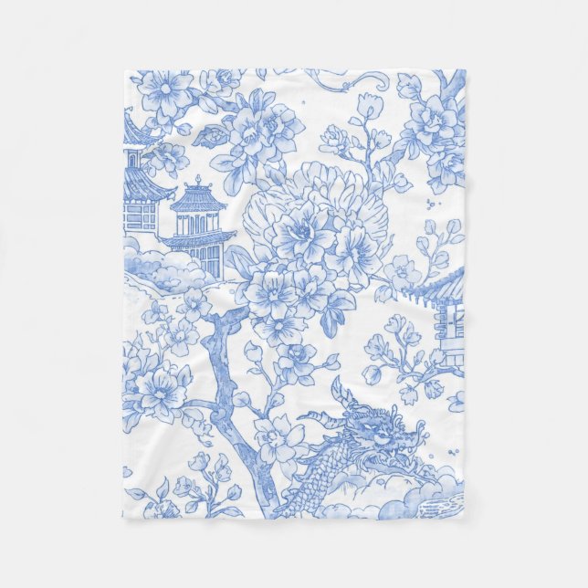 Blaue Chinoiserie-Toile-Drache-Kirschblüte Fleecedecke (Vorderseite)
