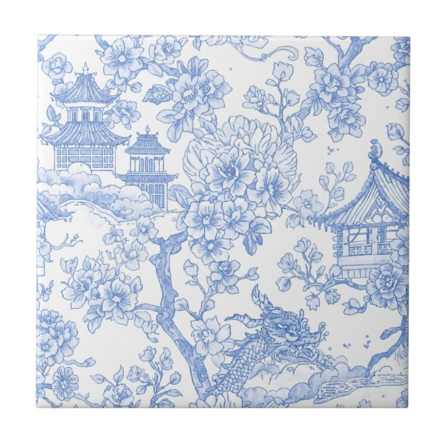 Blaue Chinoiserie-Toile-Drache-Kirschblüte Fliese (Vorderseite)