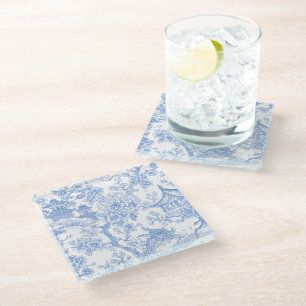 Blaue Chinoiserie-Toile-Drache-Kirschblüte Glasuntersetzer