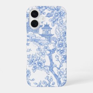 Blaue Chinoiserie-Toile-Drache-Kirschblüte iPhone 16 Hülle