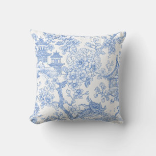 Blaue Chinoiserie-Toile-Drache-Kirschblüte Kissen
