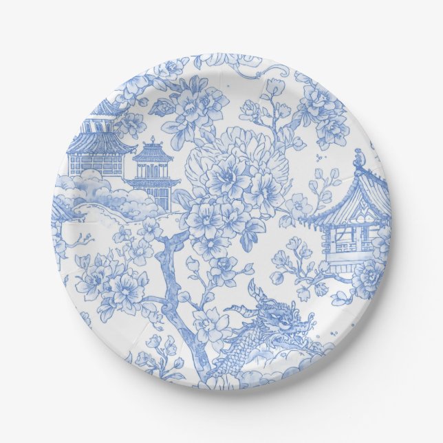 Blaue Chinoiserie-Toile-Drache Kirschblüte Pappteller (Vorderseite)