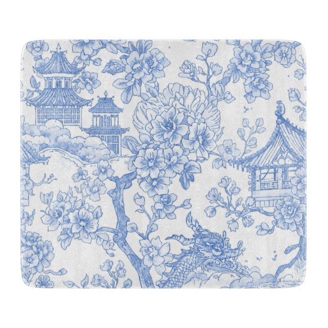 Blaue Chinoiserie-Toile-Drache-Kirschblüte Schneidebrett (Vorderseite)