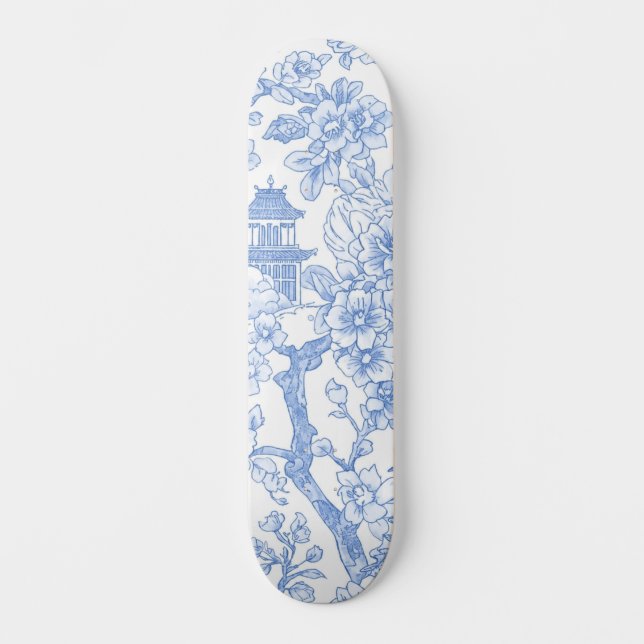 Blaue Chinoiserie-Toile-Drache-Kirschblüte Skateboard (Vorderseite)