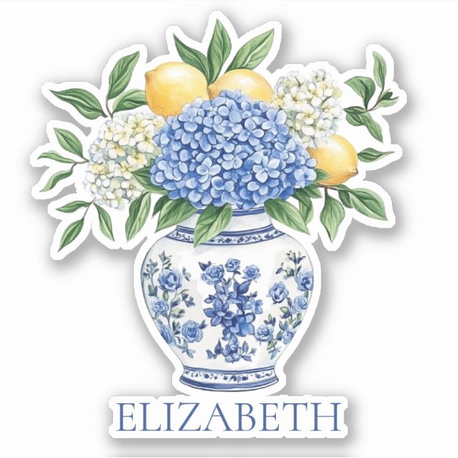 Blaue Chinoiserie Vase mit Hydrangeas Aufkleber (Vorderseite)