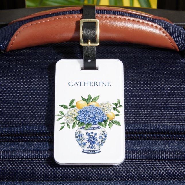 Blaue Chinoiserie Vase mit Hydrangeas Gepäckanhänger (Vorderseite Insitu 2)