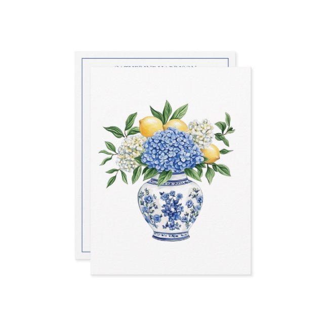 Blaue Chinoiserie Vase mit Hydrangeas Mitteilungskarte (Vorderseite/Rückseite Beispiel)