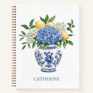Blaue Chinoiserie Vase mit Hydrangeas Notizbuch