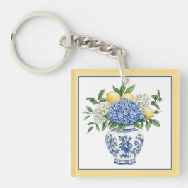 Blaue Chinoiserie Vase mit Hydrangeas Schlüsselanhänger