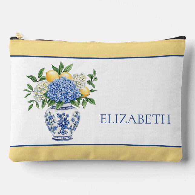 Blaue Chinoiserie Vase mit Hydrangeas Zubehörtasche (Vorderseite)