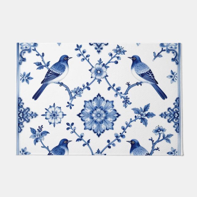 Blaue Chinoiserie-Vogel-Blumenmuster Fußmatte (Vorderseite)