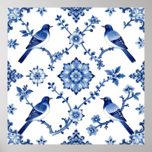 Blaue Chinoiserie-Vogel-Blumenmuster Poster