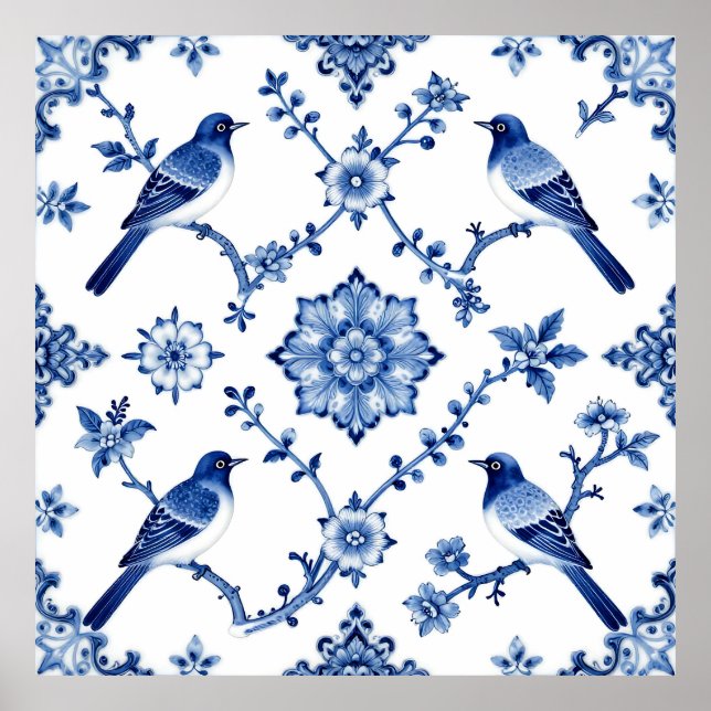 Blaue Chinoiserie-Vogel-Blumenmuster Poster (Vorne)
