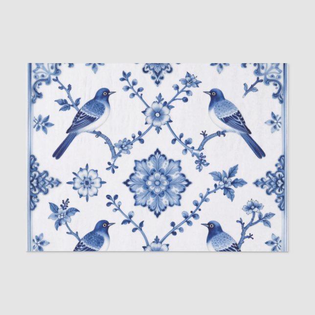 Blaue Chinoiserie-Vogel-Blumenmuster Seidenpapier (Vorderseite)