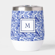 Blaue Chinoiserie-Vogel-Monogramm-Blume