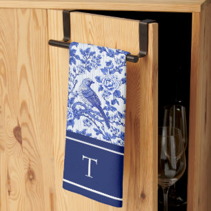 Blaue Chinoiserie-Vogel-Monogramm-Blumen Geschirrtuch