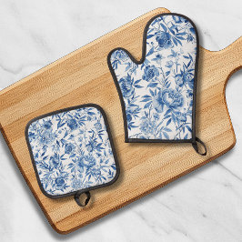 Blaue Chinoiserie-Wasserfarbe-Floral-Botanik Ofenhandschuh & Topflappen-Set