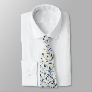 Blaue Chinoiserie-Wasserfarbe Rebe & Floral Krawatte