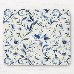 Blaue Chinoiserie-Wasserfarbe-Vine & Floral Mousepad