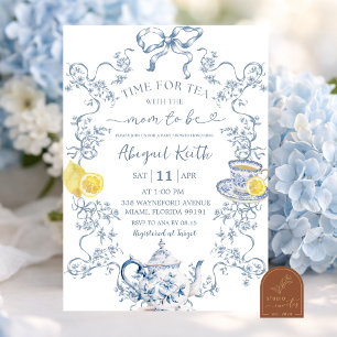 Blaue Chinoiserie-Zitronen-Baby-Shower-Teeparty Einladung