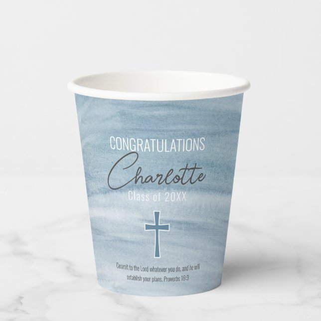 Blaue christliche Abschlusskreuz-Abschlussfeier Pappbecher (Vorderseite)