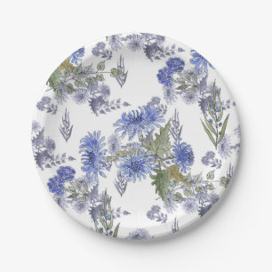 Blaue Chrysanthemen, Aquarellen Pappteller