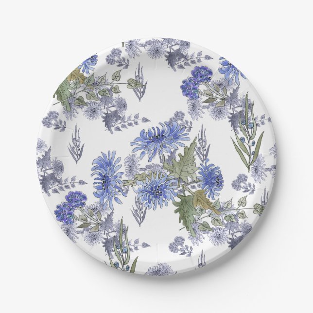Blaue Chrysanthemen, Aquarellen Pappteller (Vorderseite)