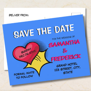 Blaue Comic Save-the-Date-Postkarte Lustige Pop- Postkarte