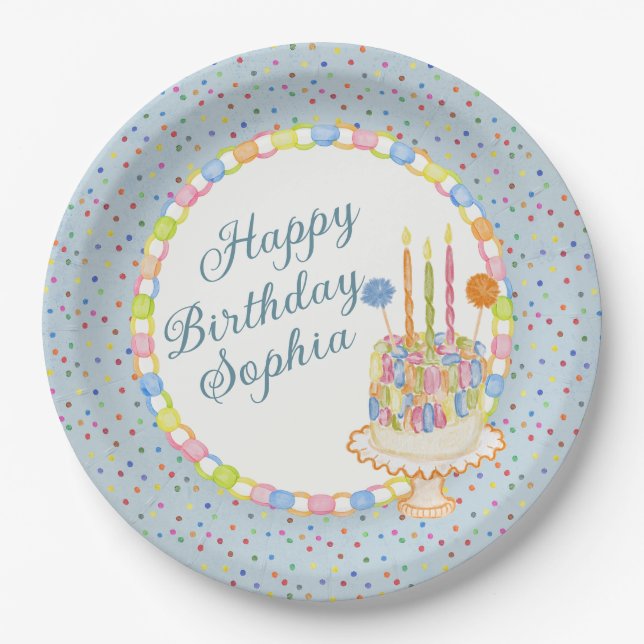Blaue Confetti-Geburtstagsfeier-Dessert Pappteller (Vorderseite)