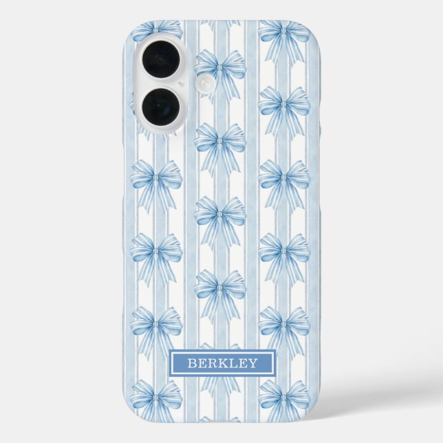 Blaue Coquette-Schleifen auf gestreifter Monogramm Case-Mate iPhone Hülle (Rückseite)