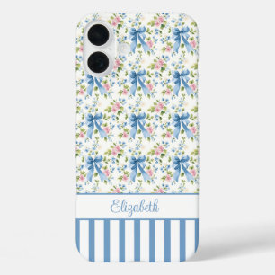 Blaue Coquette-Schleifen mit Blumen monogrammiert  iPhone 16 Plus Hülle
