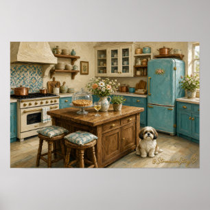 Blaue Cottage-Küchen-Shih-Tzu-Wandkunst Poster